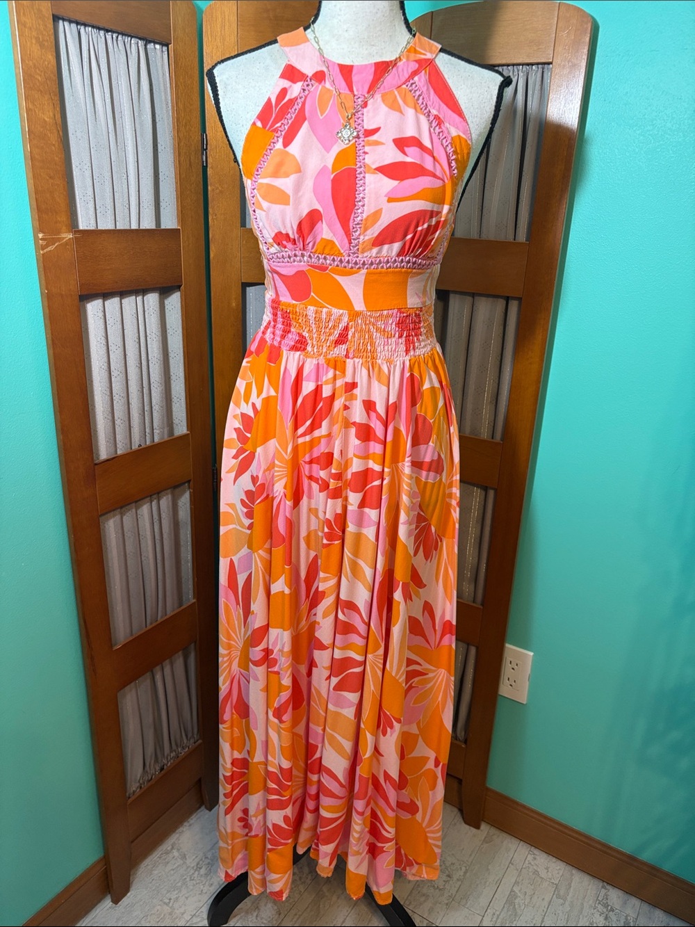 Abel the Label Tropical Halter Maxi Dress in Pink & Orange